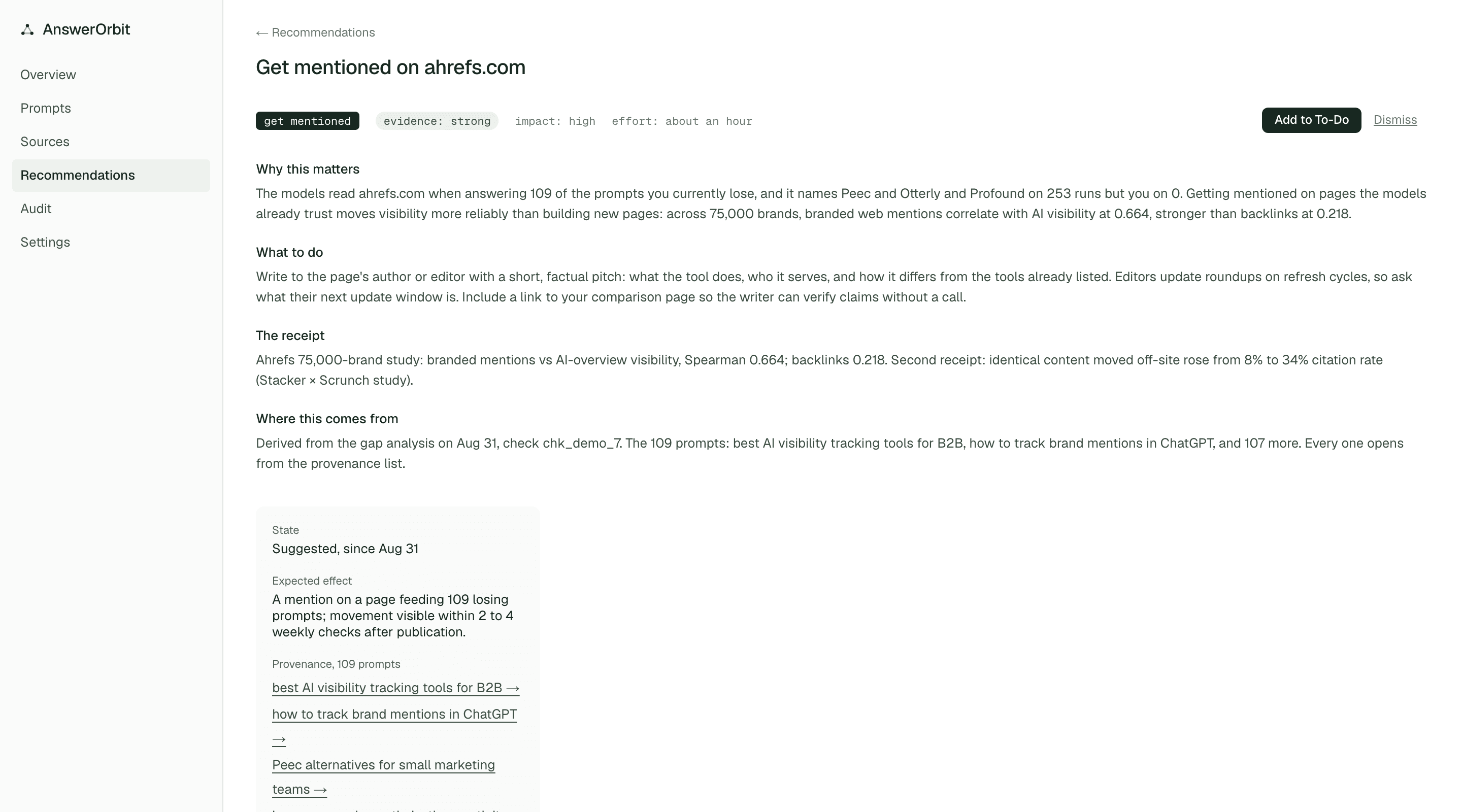 A recommendation with its reasoning, its source study, and the prompts it derives from